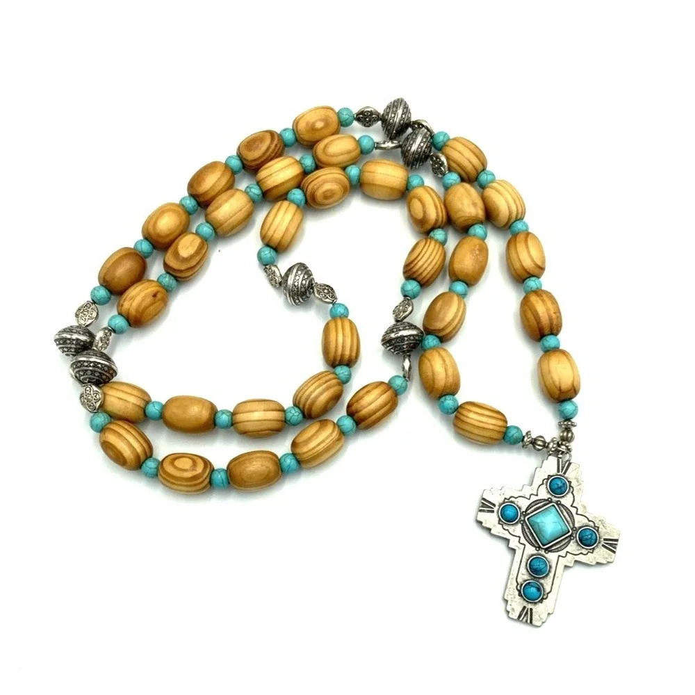 Rosary Wood & Metal Crucifix Cross Silver Toned & Turquoise Colored Beads 32